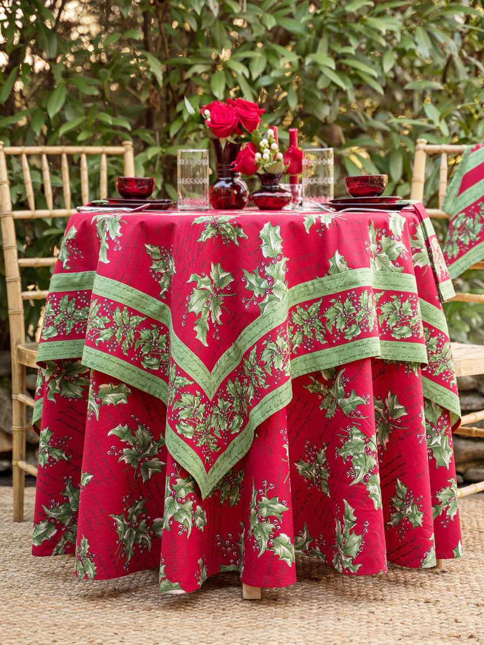 April Cornell • 88" Round Tablecloth | Holly Song – Red