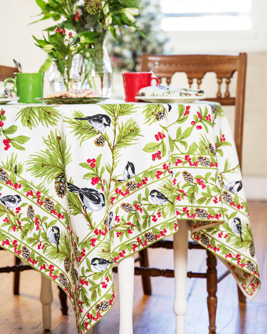 April Cornell Table Cloth Chickadee Ecru