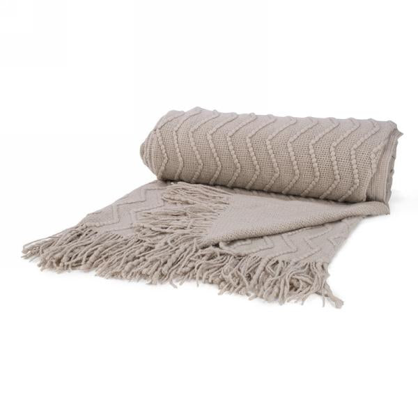 Taupe Knitted Throw with Fringe