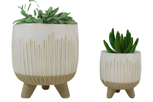 Set of 2 pots White Ceramic with Lines